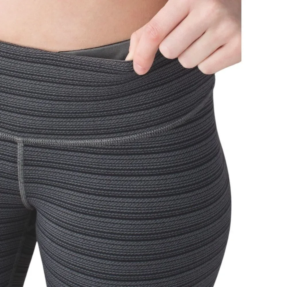 Lululemon Wunder Under Cropped Gray Black Striped Leggings Tights Womens Size 12